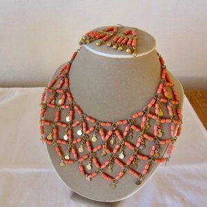 Vintage Egyptian resin beads bib necklace with matching earrings